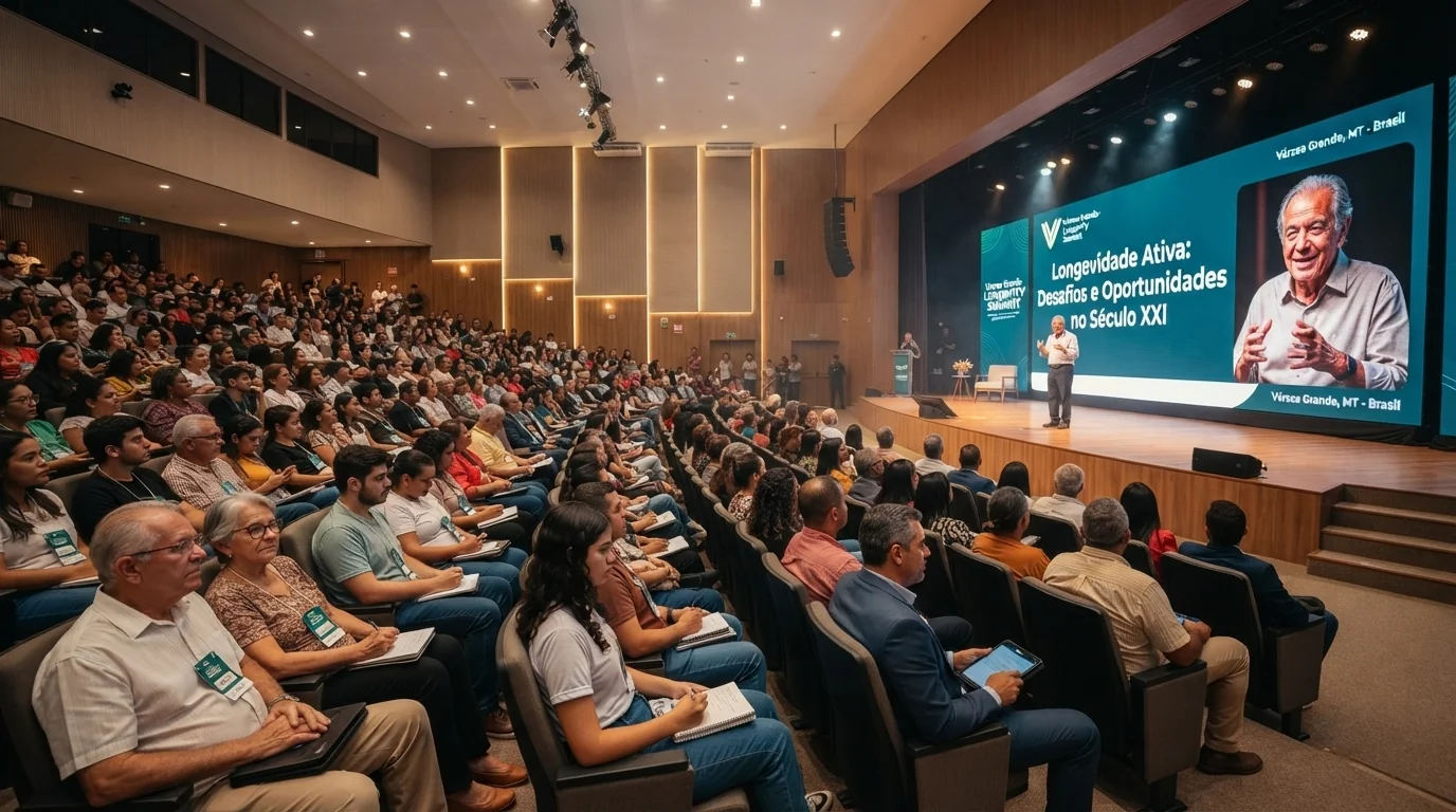 Auditório moderno com público diversificado assistindo a palestra sobre longevidade