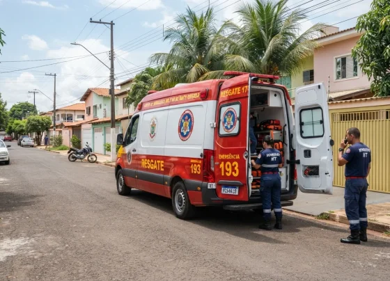 Viatura de resgate do Corpo de Bombeiros estacionada em rua residencial em Várzea Grande