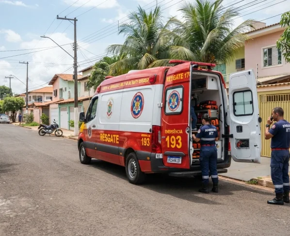 Viatura de resgate do Corpo de Bombeiros estacionada em rua residencial em Várzea Grande