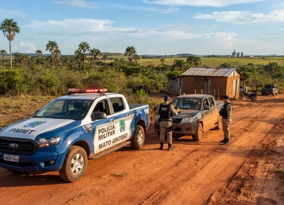 Viatura da Polícia Militar em estrada vicinal de assentamento rural durante atendimento de ocorrência