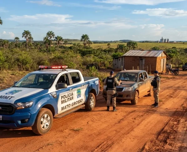 Viatura da Polícia Militar em estrada vicinal de assentamento rural durante atendimento de ocorrência