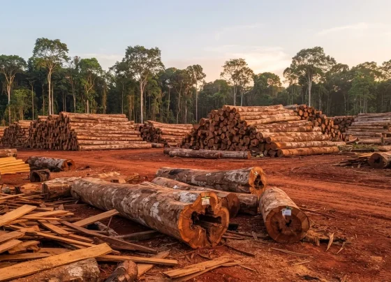 Grande quantidade de toras de madeira apreendidas com fiscalização ambiental em área de floresta, Brasnorte, Mato Grosso