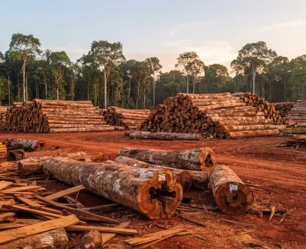 Grande quantidade de toras de madeira apreendidas com fiscalização ambiental em área de floresta, Brasnorte, Mato Grosso