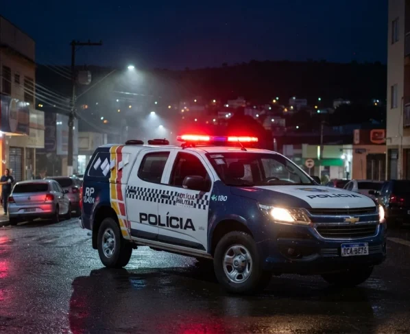 Viatura policial com luzes de emergência ligadas durante patrulhamento noturno urbano