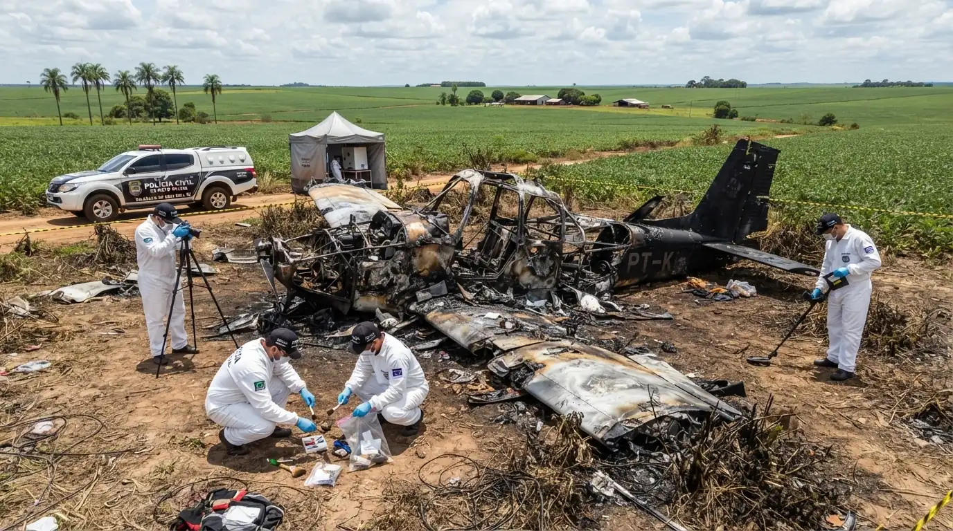 Destroços de aeronave carbonizada em área de fazenda com equipe de perícia,