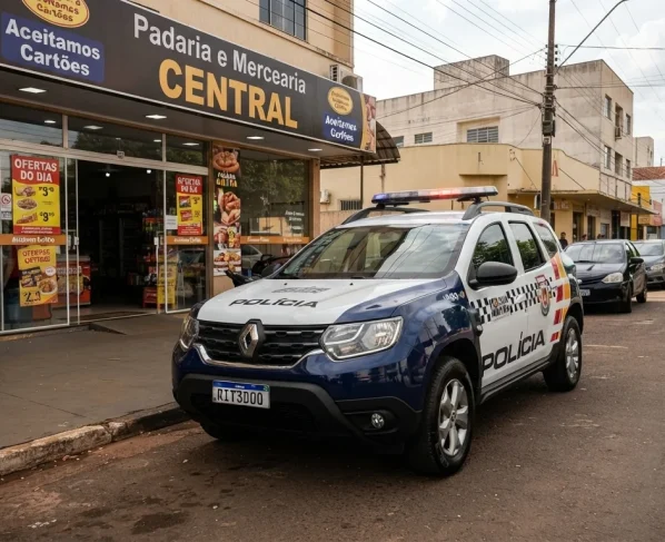 Fachada de estabelecimento comercial em Água Boa com viatura policial estacionada