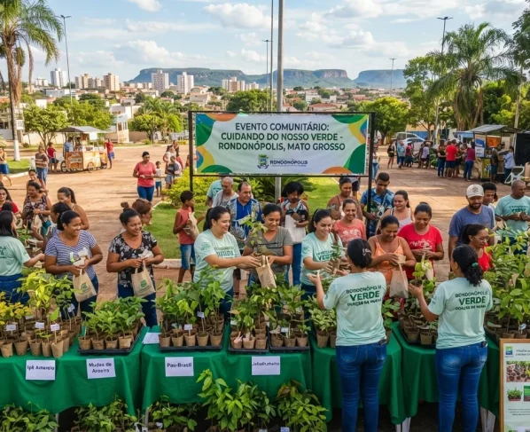 Distribuição de mudas de plantas e árvores em evento comunitário ao ar livre