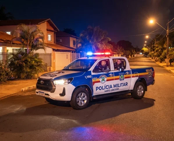 Viatura da Polícia Militar em patrulhamento noturno em rua residencial iluminada