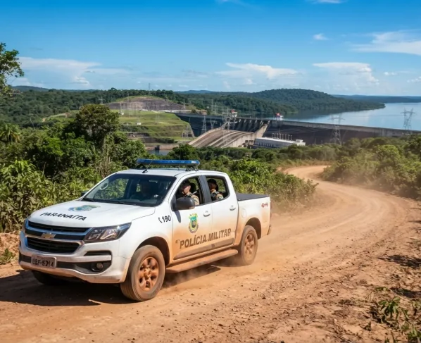 Viatura da Polícia Militar em estrada de terra na região da Usina Teles Pires