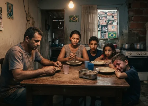 Família passando fome sentada na mesa de jantar
