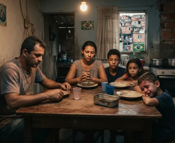 Família passando fome sentada na mesa de jantar