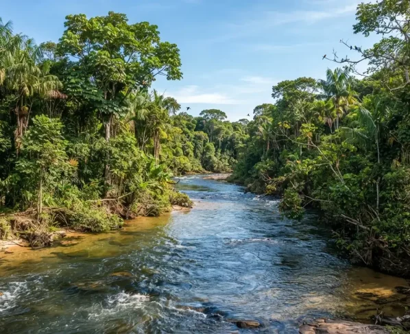 Rio com água corrente e vegetação preservada nas margens em dia ensolarado