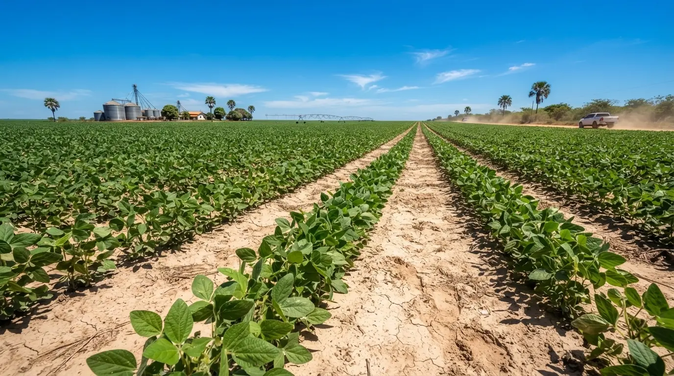 Plantação de soja jovem em lavoura de Mato Grosso com solo seco e céu ensolarado