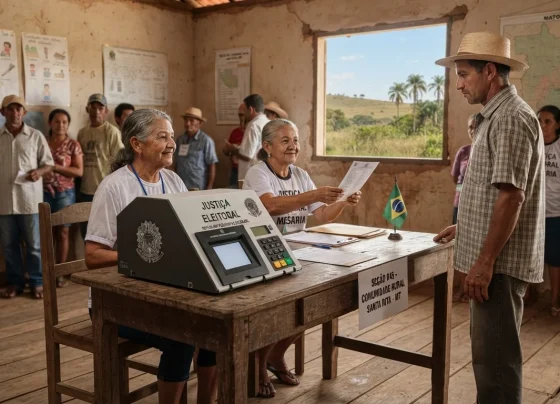 Urna eletrônica em mesa de votação rústica em escola de comunidade rural