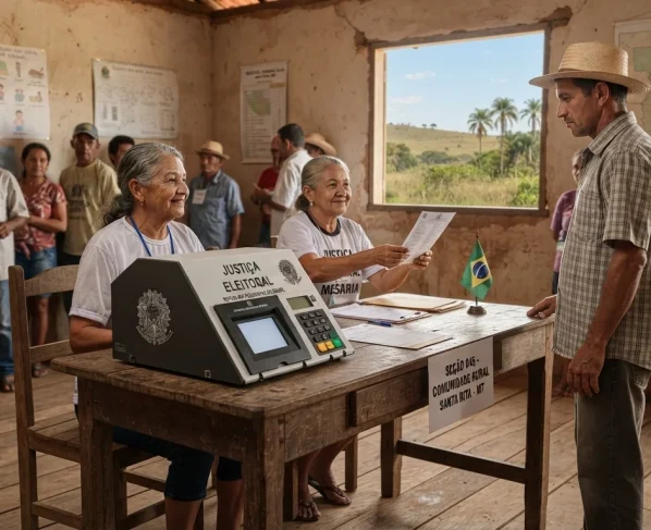 Urna eletrônica em mesa de votação rústica em escola de comunidade rural