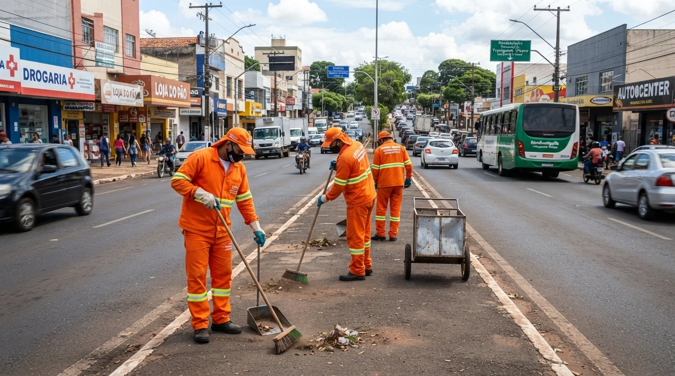 Trabalhadores uniformizados da limpeza urbana realizando varrição em avenida movimentada de Rondonópolis