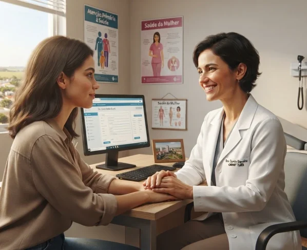 Profissional de saúde realizando atendimento humanizado com uma paciente jovem e bonita em sala de consultório médico