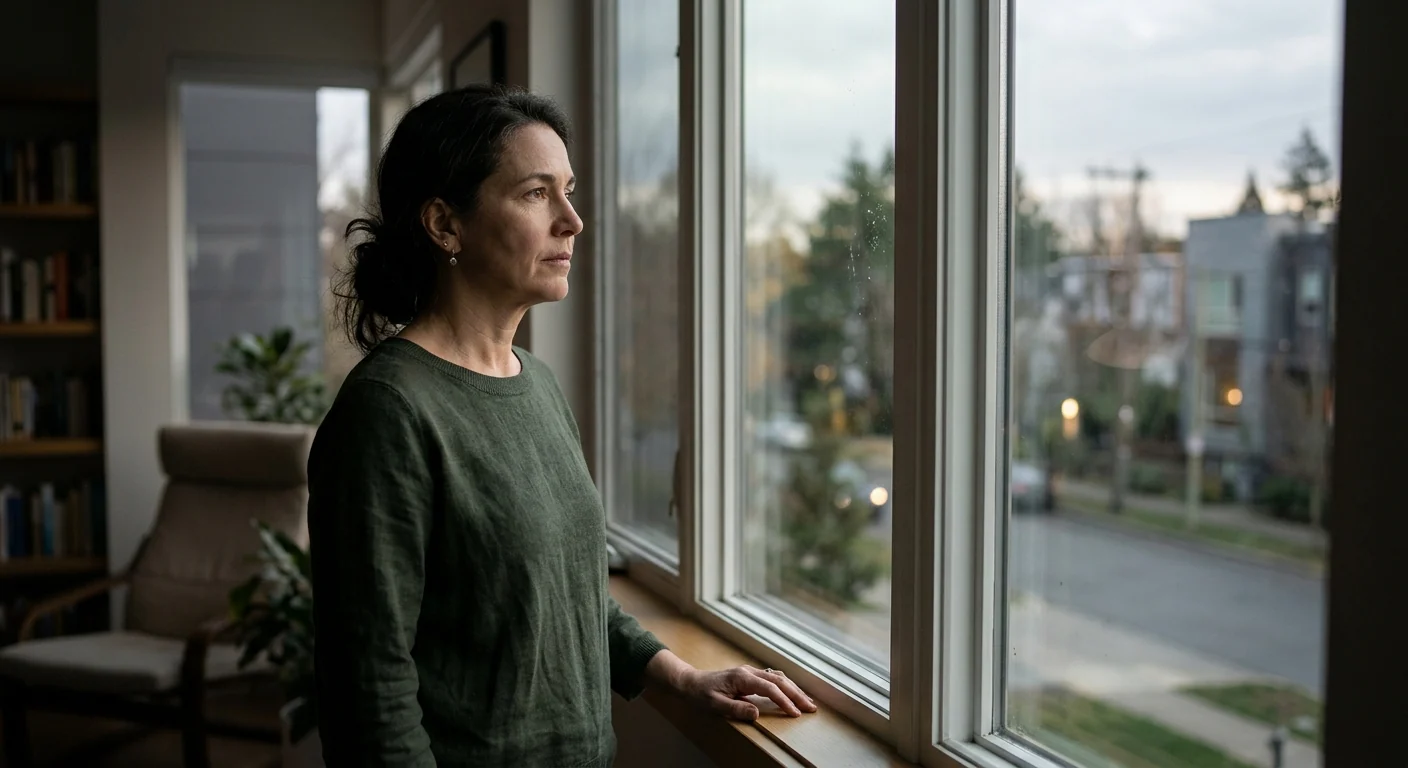 Mulher olhando pela janela em ambiente iluminado por luz natural, em representação simbólica à conscientização sobre violência doméstica.
