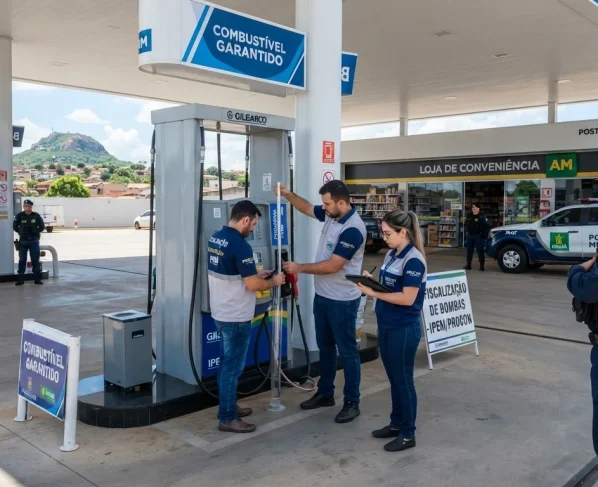 Fiscais em vistoria de bombas de combustível em posto moderno com apoio policial