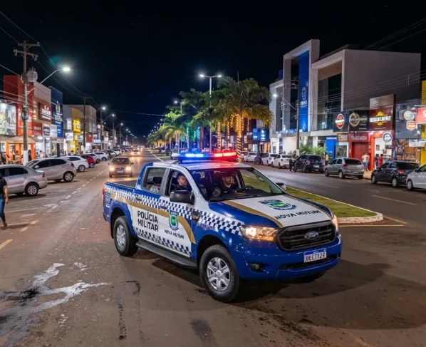 Viatura da polícia militar em patrulhamento ostensivo noturno em avenida comercial iluminada