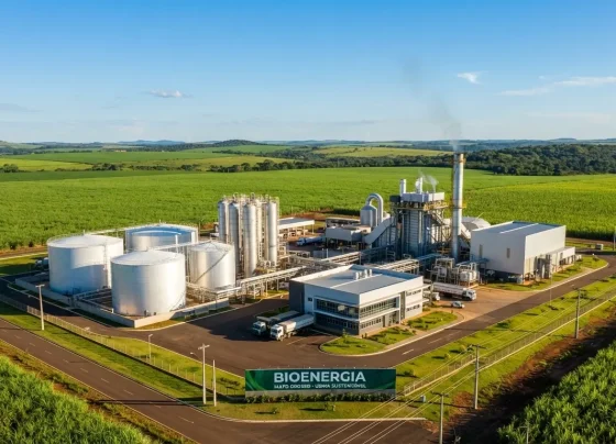 Planta industrial moderna de usina de bioenergia com tanques de armazenamento e plantio verdejante ao fundo