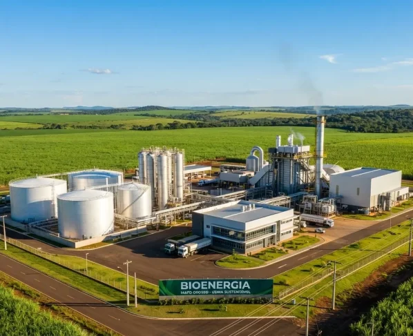 Planta industrial moderna de usina de bioenergia com tanques de armazenamento e plantio verdejante ao fundo