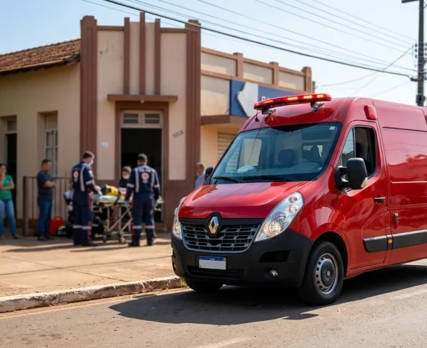 Ambulância do Corpo de Bombeiros estacionada em rua urbana durante atendimento de emergência.