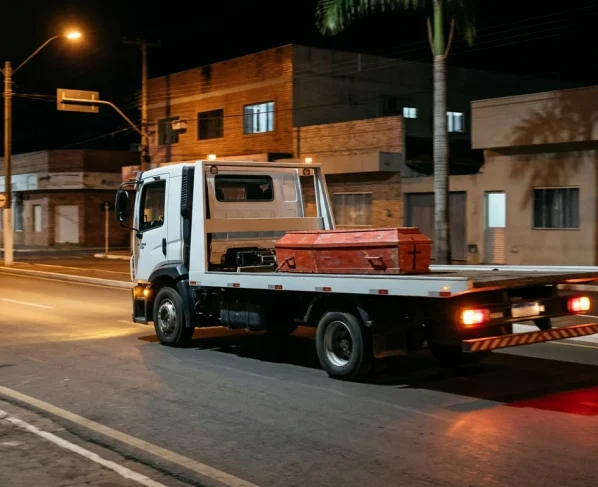 Caminhão transportando caixão simbólico pintado de vermelho em avenida de Nova Mutum durante a noite.