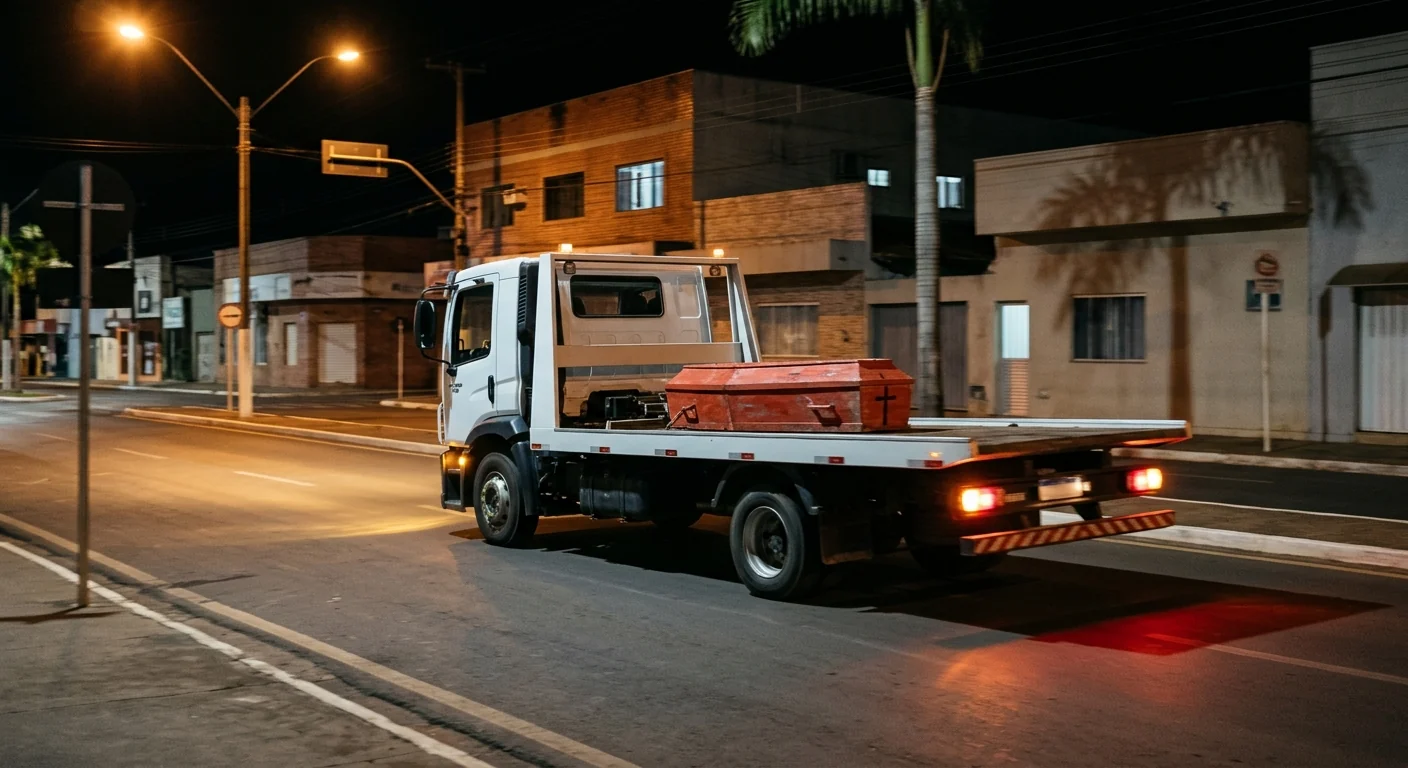 Caminhão transportando caixão simbólico pintado de vermelho em avenida de Nova Mutum durante a noite.