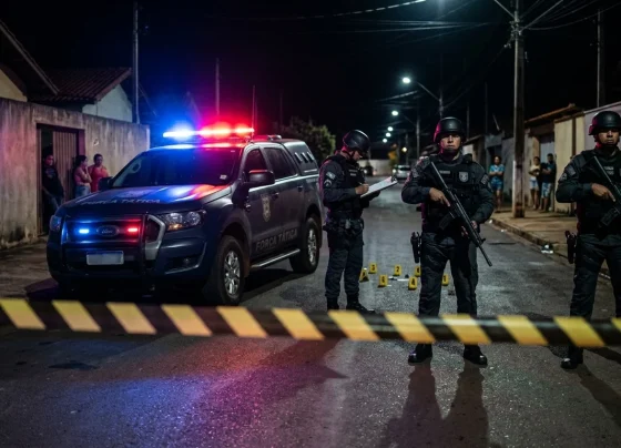 Fita de isolamento policial e viatura da Polícia Militar em rua de Pontes e Lacerda durante atendimento a ocorrência.