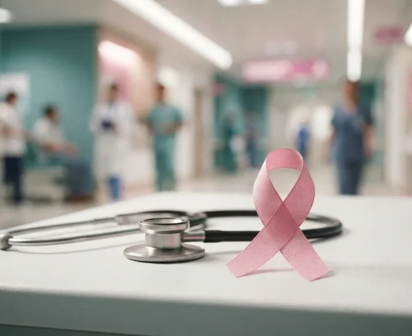 Fotografia conceitual com fita rosa de conscientização sobre o câncer de mama e um estetoscópio sobre uma mesa médica iluminada.