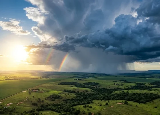 Paisagem em Mato Grosso com céu mesclado entre sol forte e nuvens de chuva.