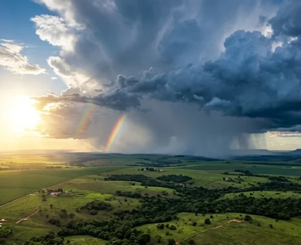 Paisagem em Mato Grosso com céu mesclado entre sol forte e nuvens de chuva.