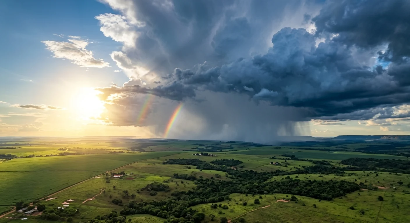 Paisagem em Mato Grosso com céu mesclado entre sol forte e nuvens de chuva.