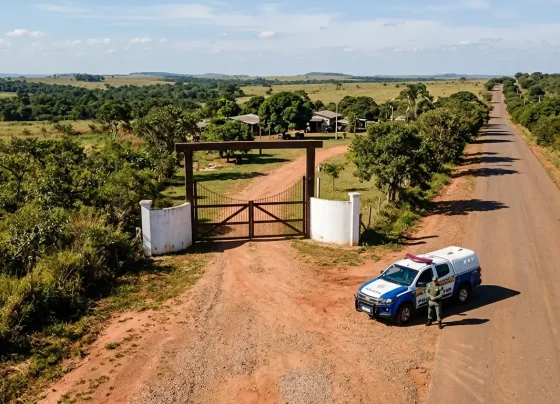 Viatura da Polícia Militar posicionada na entrada de uma propriedade rural em Mato Grosso.