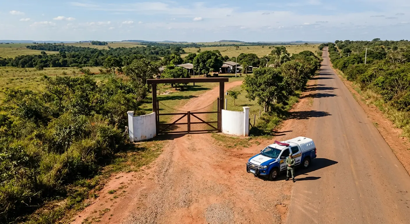 Viatura da Polícia Militar posicionada na entrada de uma propriedade rural em Mato Grosso.