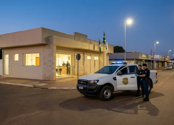 Viatura policial e fachada de delegacia em município do estado de Mato Grosso.