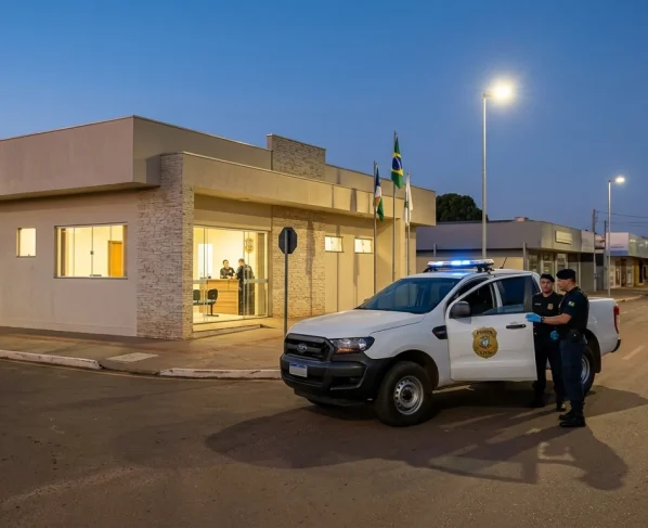 Viatura policial e fachada de delegacia em município do estado de Mato Grosso.