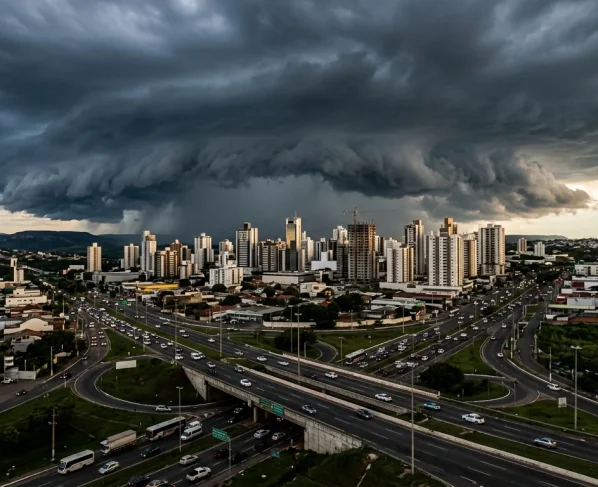 Nuvens carregadas de tempestade sobre a paisagem urbana em Mato Grosso.