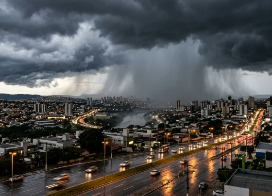 Nuvens carregadas de tempestade e chuva intensa sobre a região metropolitana de Cuiabá e Várzea Grande.