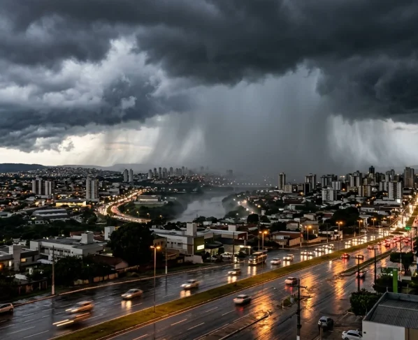 Nuvens carregadas de tempestade e chuva intensa sobre a região metropolitana de Cuiabá e Várzea Grande.