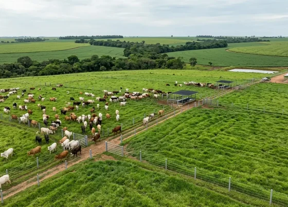 Gado pastando em área de pastagem recuperada e manejada de forma sustentável no interior de Mato Grosso.