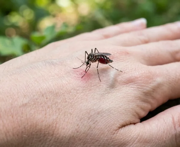 Mosquito da dengue picando mão