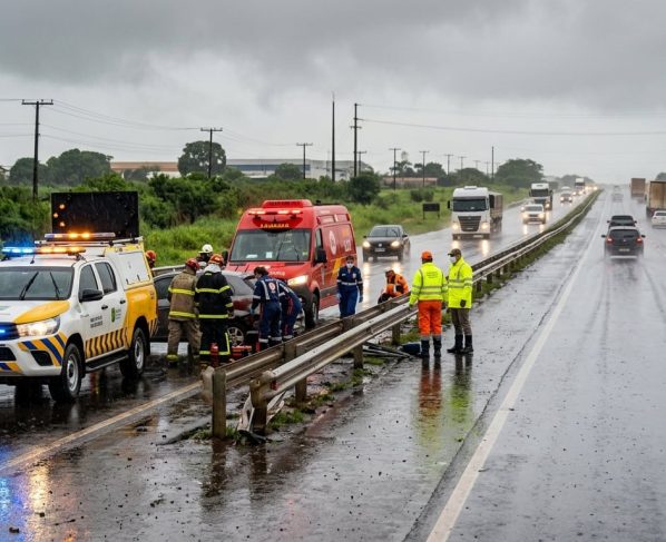 Veículos de resgate e atendimento da concessionária em trecho da BR-163 durante chuva.