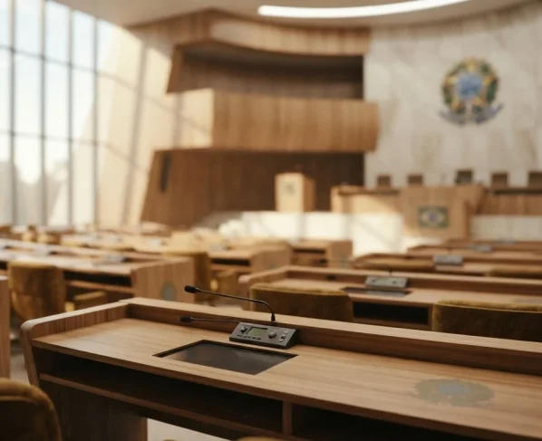 Plenário da Assembleia Legislativa com bancadas e microfones sob iluminação natural durante cobertura política.