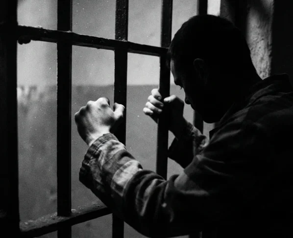 Criminoso preso segurando as barras da cela