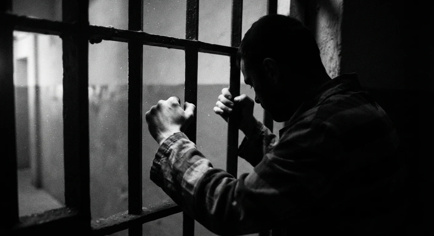 Criminoso preso segurando as barras da cela