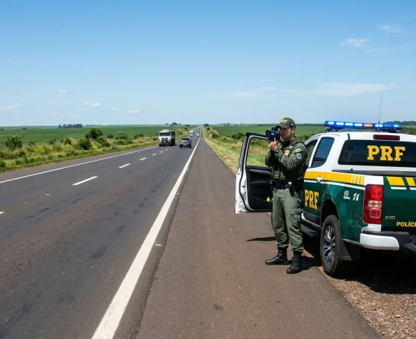 Policial rodoviário federal realizando fiscalização ao lado de viatura em rodovia de Mato Grosso.