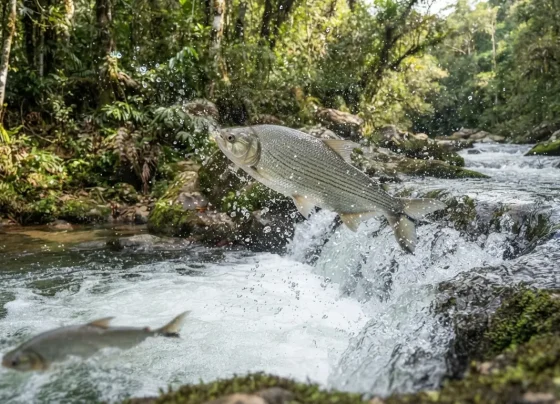 Piracema saltando em queda de rio