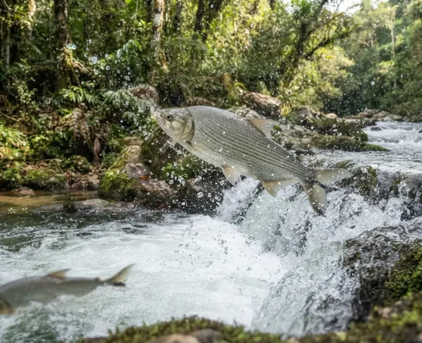 Piracema saltando em queda de rio